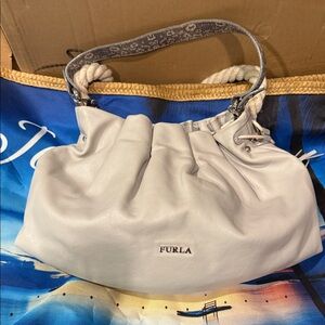 Authentic Furla Grey Leather Drawstring Shoulder Bag